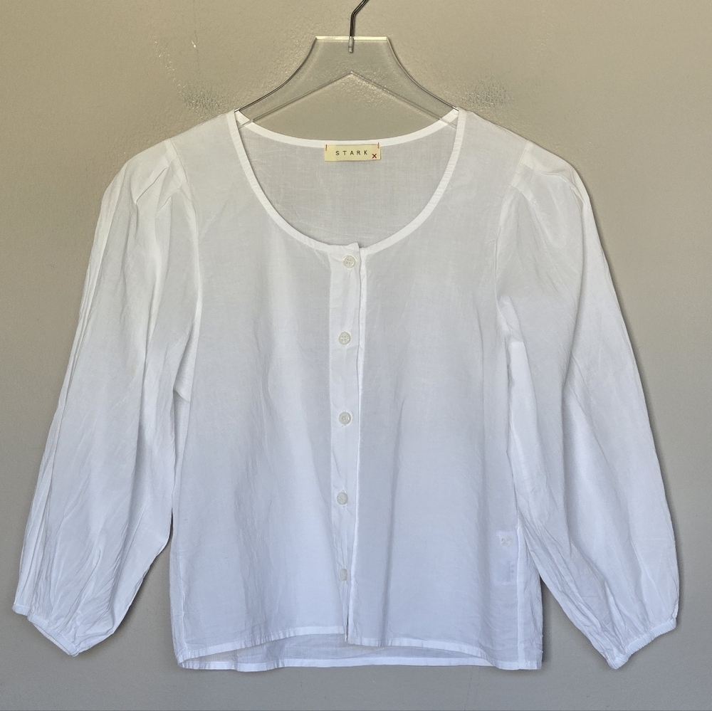 Stark X White Cotton Boho Puff 3/4 Length Sleeve Button Down Minimalist Top XS